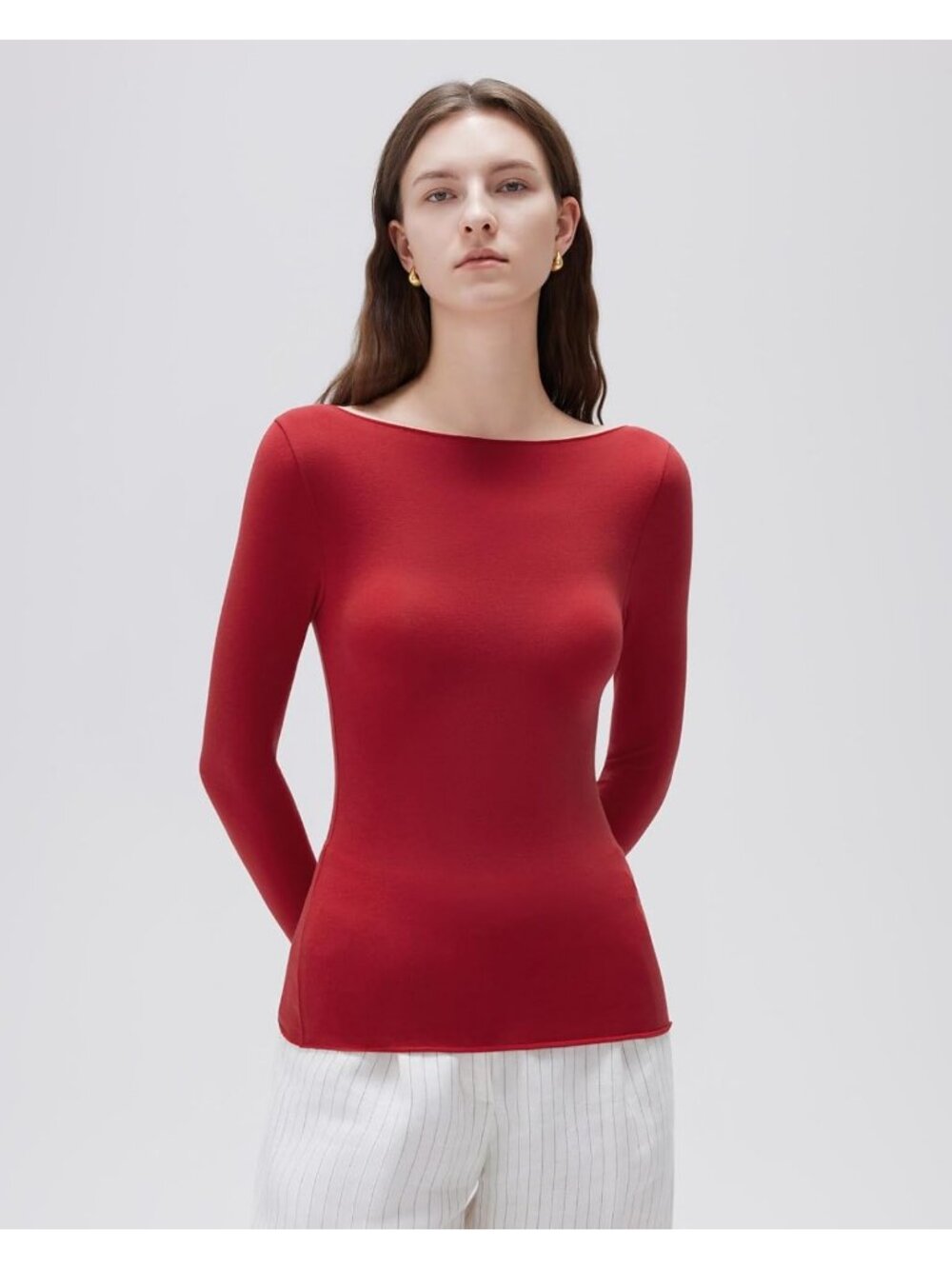 Women's Red Elegant Boat Neck Long Sleeve Shirt Slim Fit Going Out Knit Top - Picture 2 of 6
